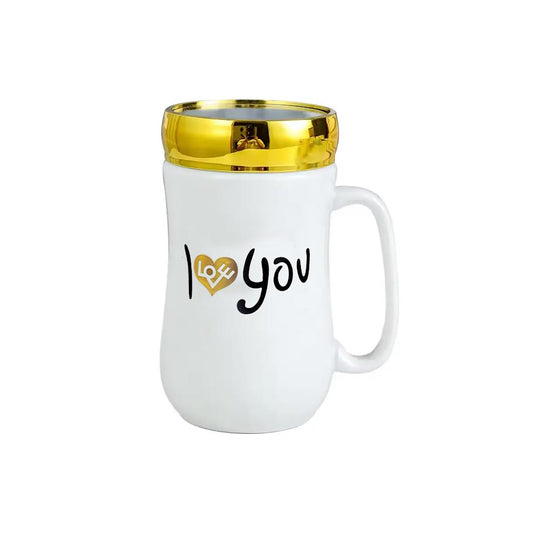 Kitchen Life 350ml Ceramic Mug With Lid White & Gold
