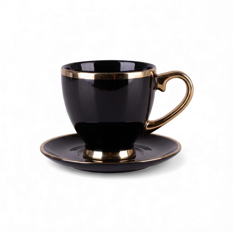 Cup & Saucer with Spoon Black & Gold