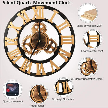 Vintage Industrial 40cm Silent Quartz Wall Clock Gold