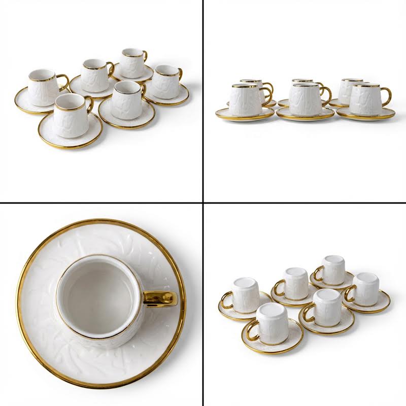 12 Piece Cup & Saucer Set Gold & White