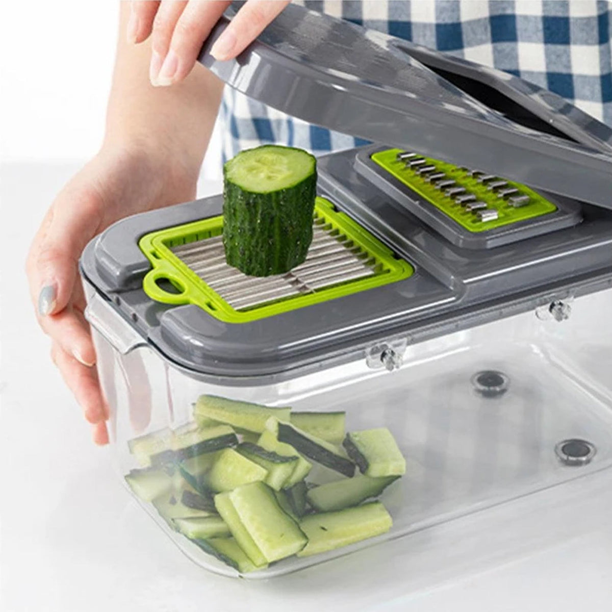 22 Piece Vegetable Cutter & Chopper with Drain Basket - Grey & Green