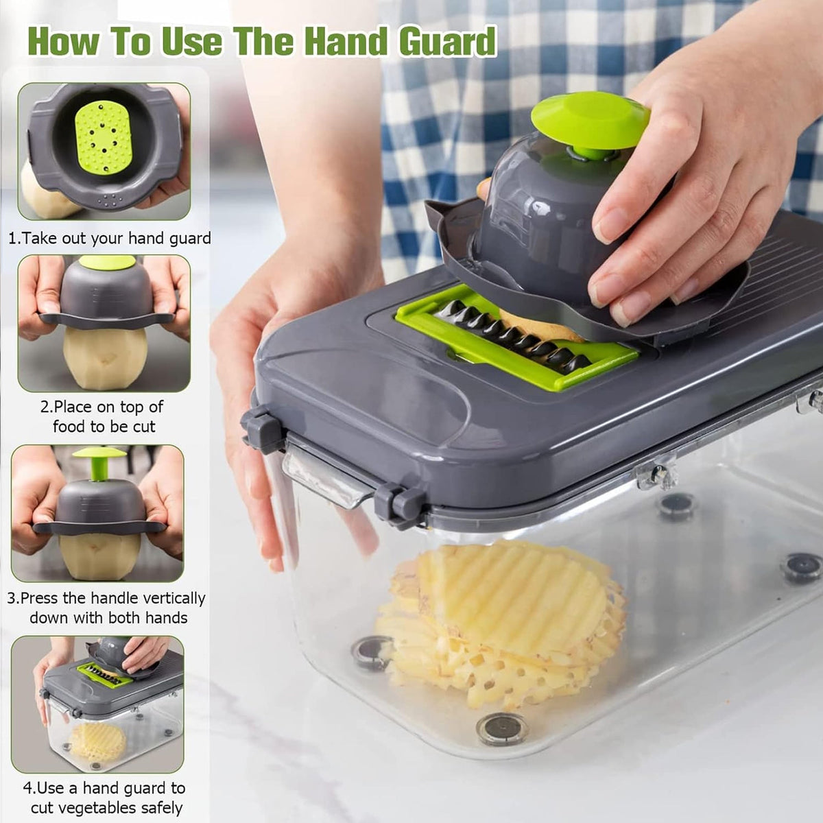 22 Piece Vegetable Cutter & Chopper with Drain Basket - Grey & Green