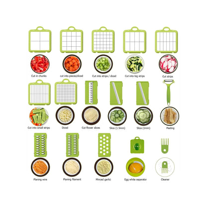 22 Piece Vegetable Cutter & Chopper with Drain Basket - Grey & Green