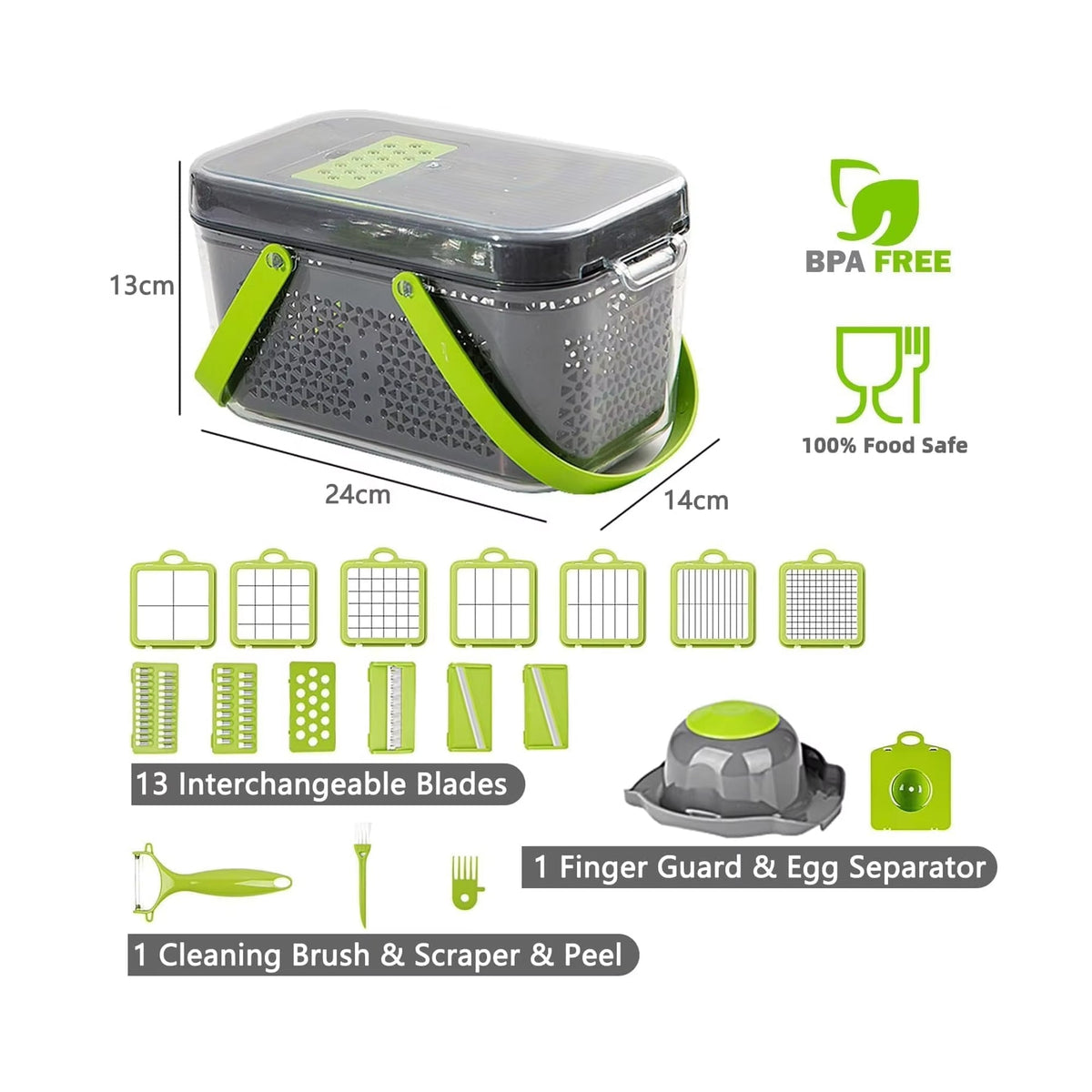 22 Piece Vegetable Cutter & Chopper with Drain Basket - Grey & Green