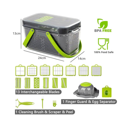 22 Piece Vegetable Cutter & Chopper with Drain Basket - Grey & Green