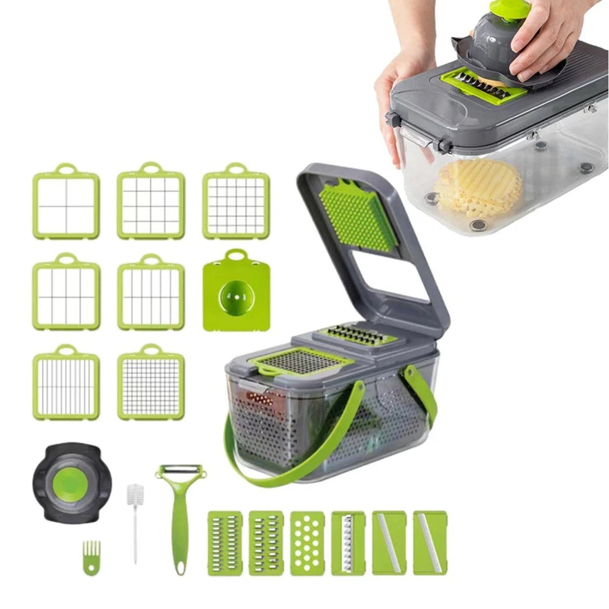22 Piece Vegetable Cutter & Chopper with Drain Basket - Grey & Green