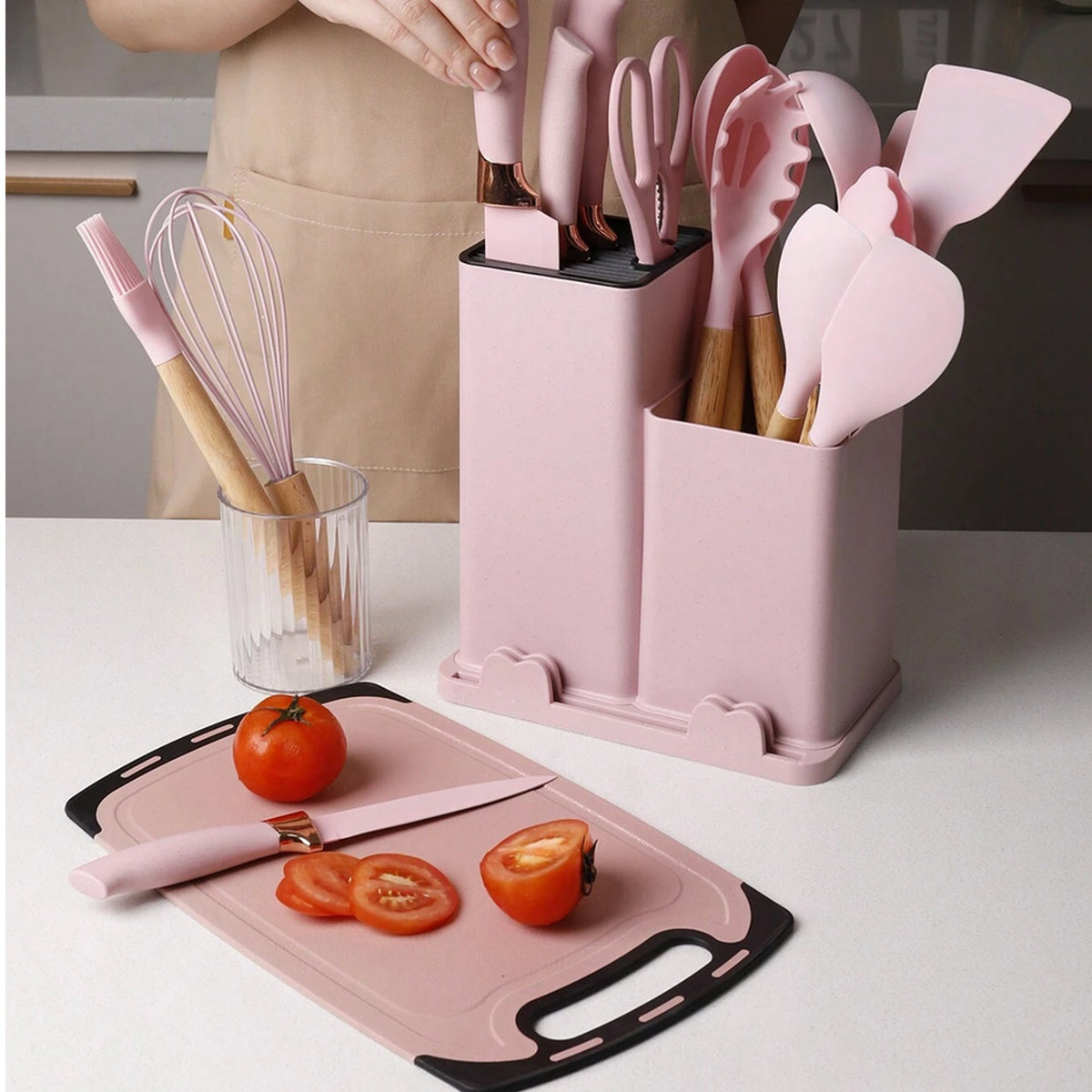 19 Piece Kitchen Utensil & Knife Set with Holder - Pink