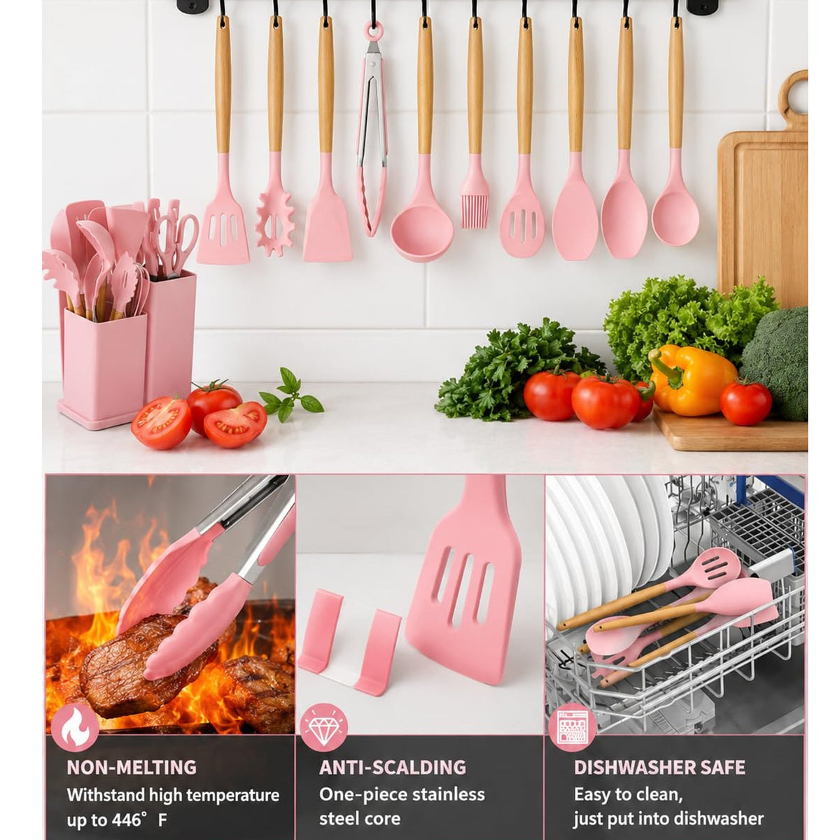 19 Piece Kitchen Utensil & Knife Set with Holder - Pink