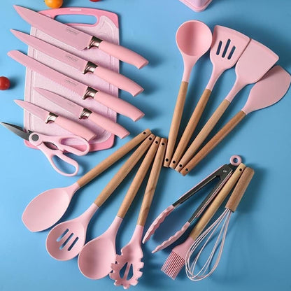 19 Piece Kitchen Utensil & Knife Set with Holder - Pink