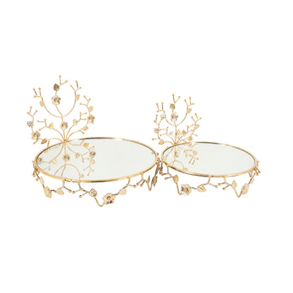 2 Piece Round Mirror Tray Set Gold