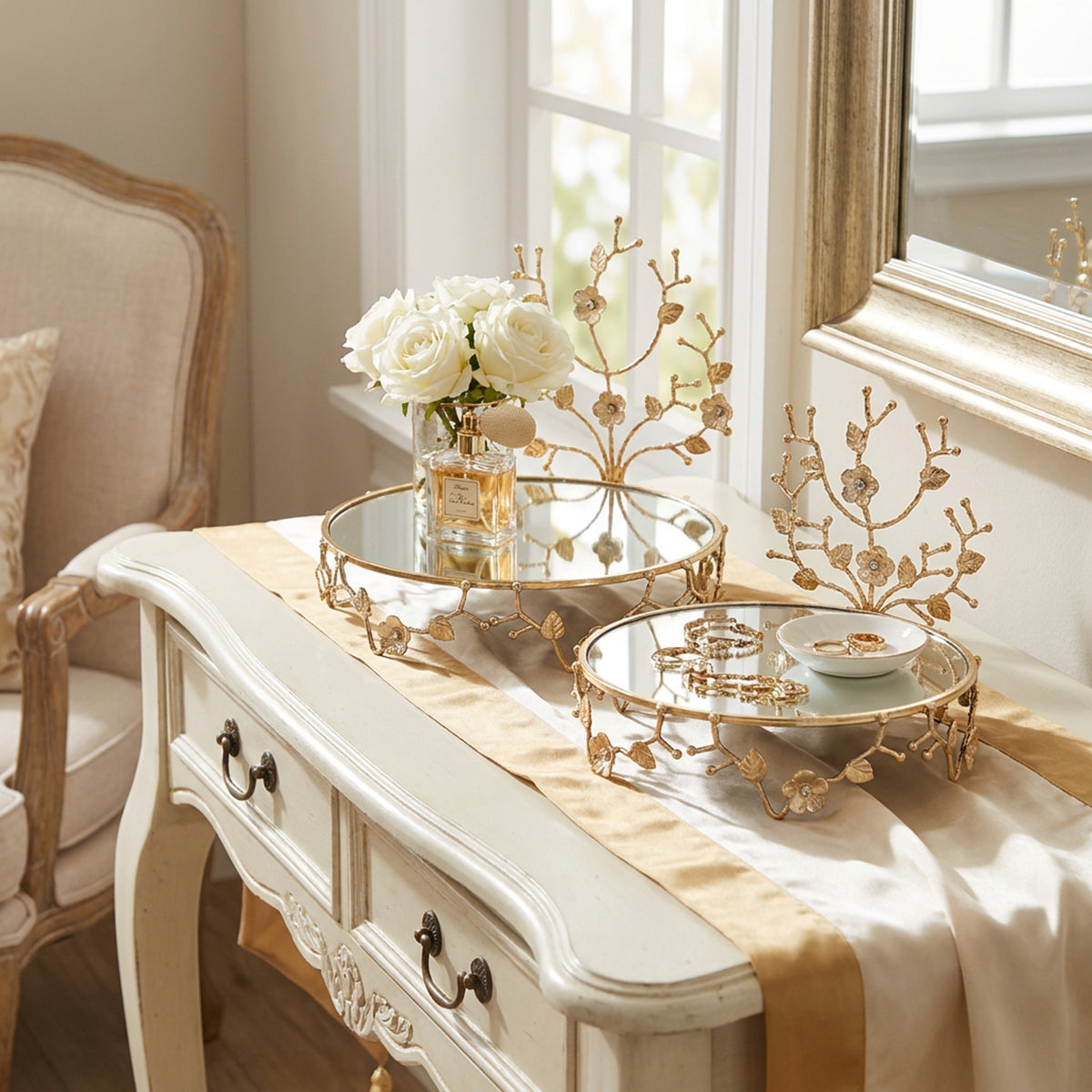 2 Piece Round Mirror Tray Set Gold