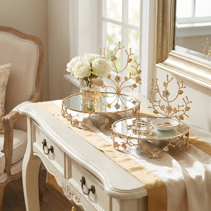 2 Piece Round Mirror Tray Set Gold