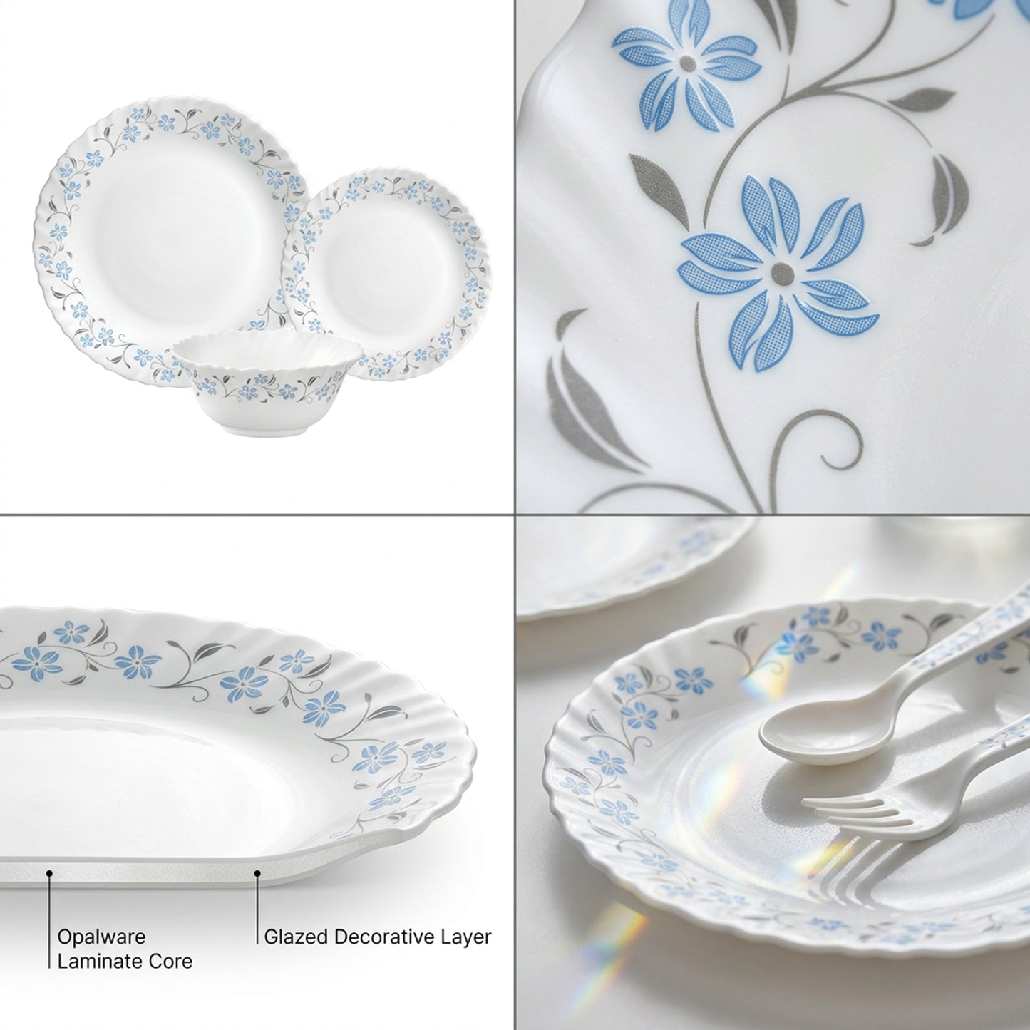 La Opala Classique Grace Blue 12 Piece Dinner Set White