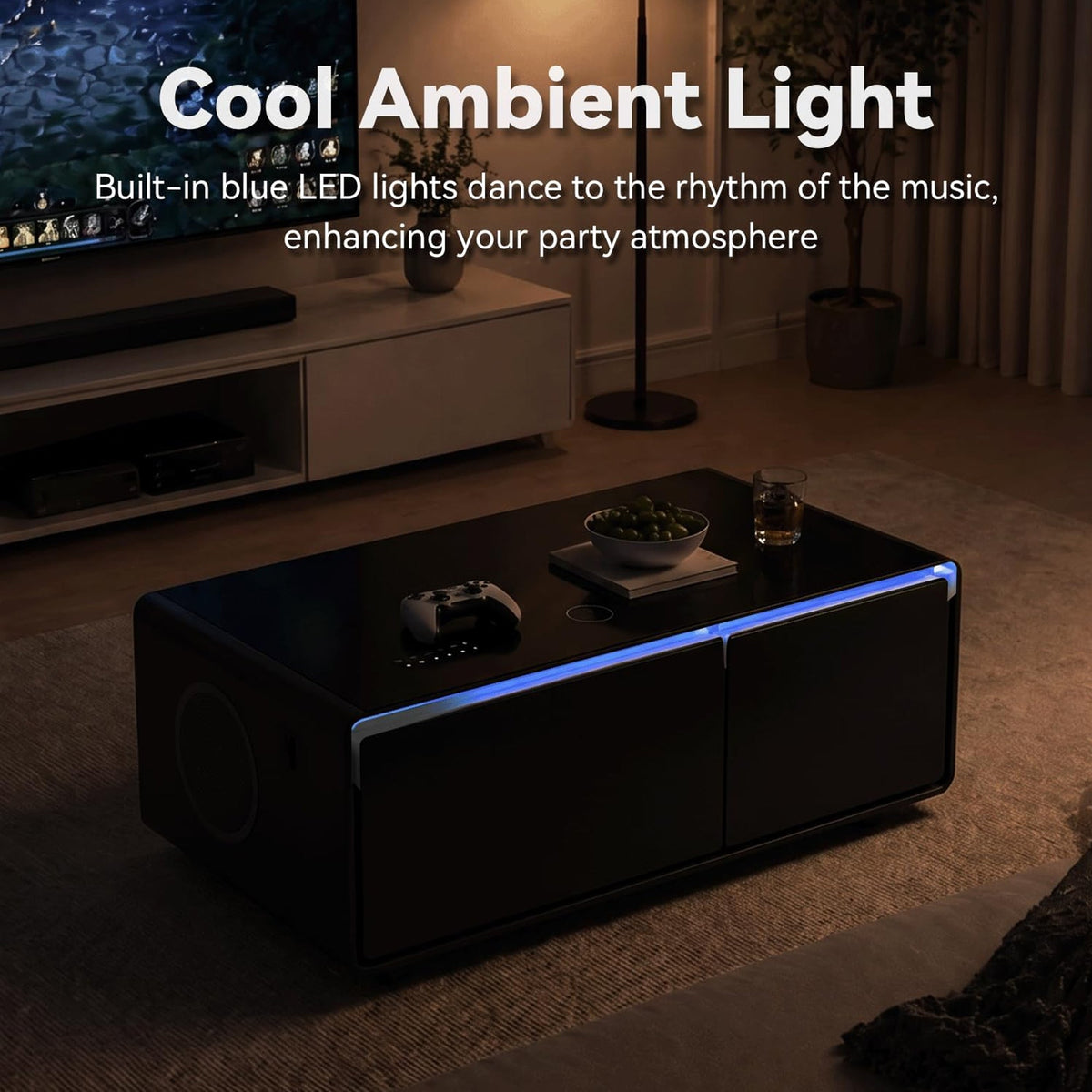 Smart Coffee Table with Dual Fridge, Bluetooth Speakers & Wireless Charging - Black