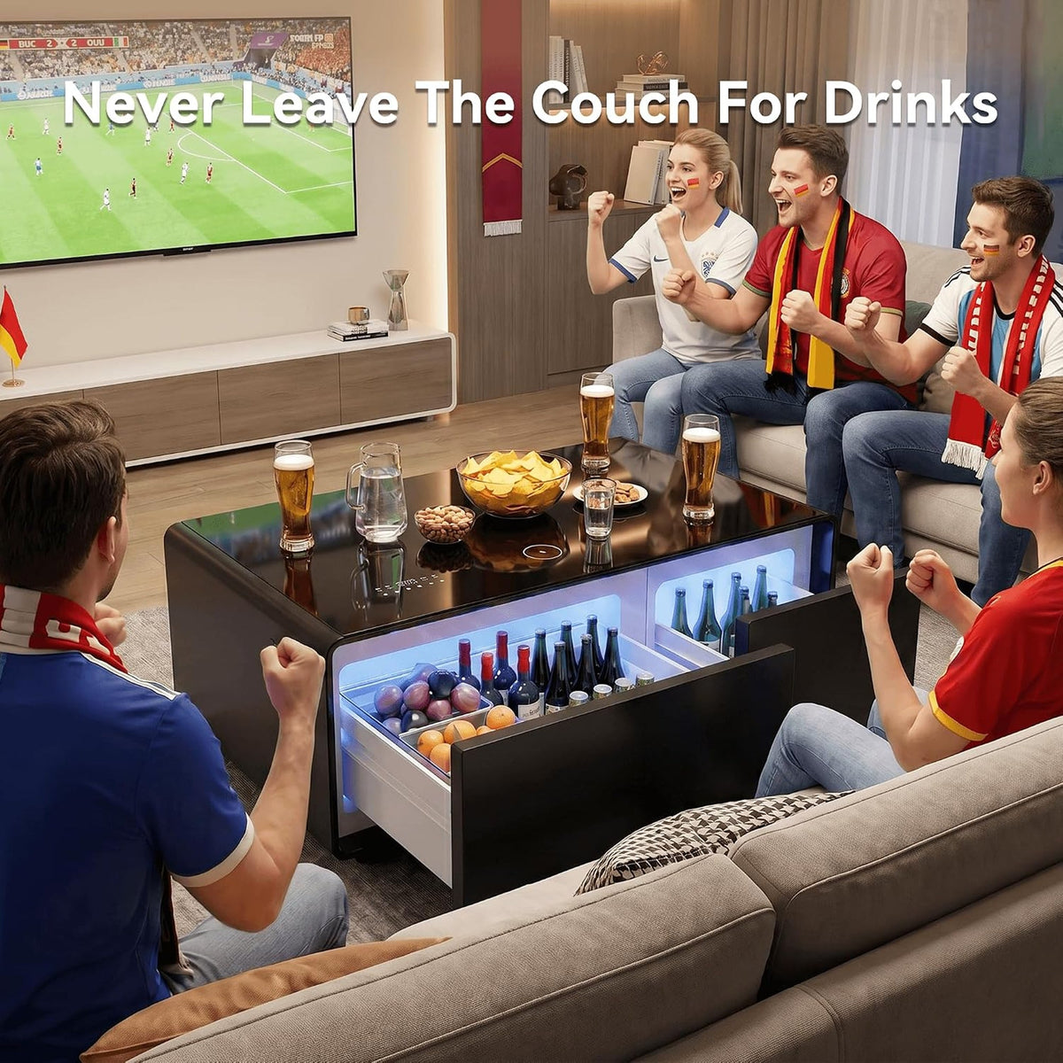 Smart Coffee Table with Dual Fridge, Bluetooth Speakers & Wireless Charging - Black