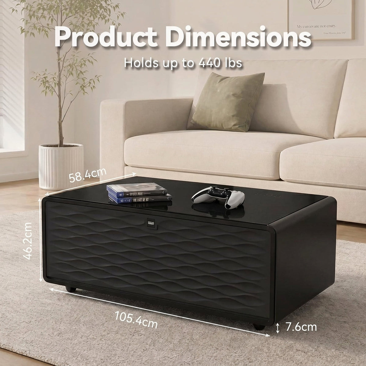 Smart Coffee Table with Dual Fridge, Bluetooth Speakers & Wireless Charging - Black