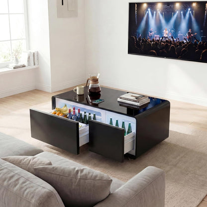 Smart Coffee Table with Dual Fridge, Bluetooth Speakers & Wireless Charging - Black