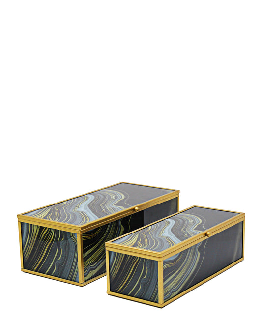 Glass Agate Wave Box With Metal Frame 2 Piece - Blue, Black & Gold