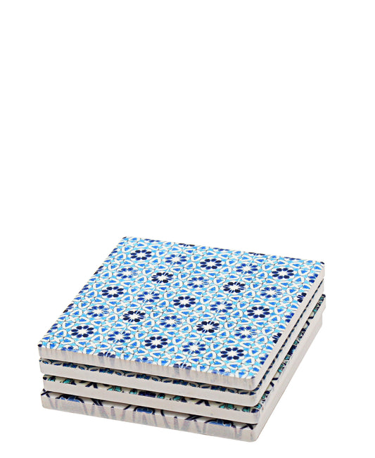 Kitchen Life Square 4 Piece Shaped Coaster Set - White & Blue