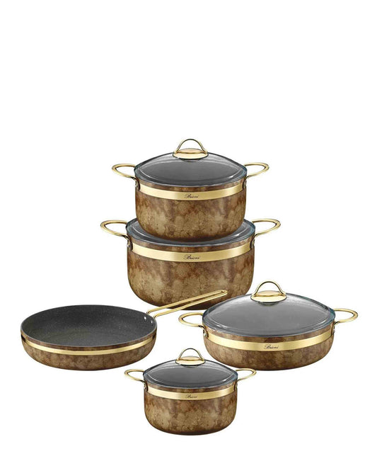 Brioni Royal Stone 9 Piece Cookware Set - Tiger Eye & Gold