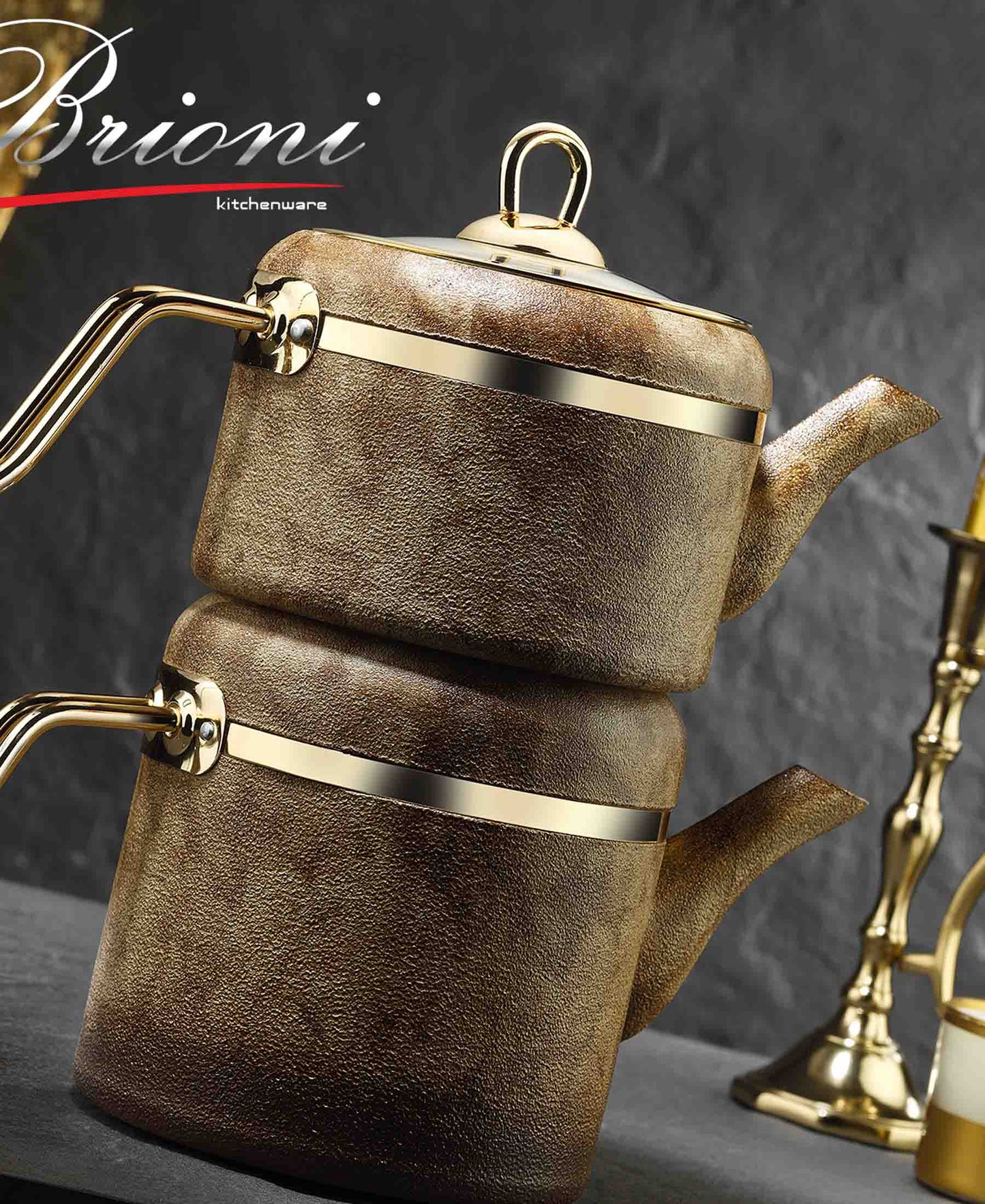 Brioni Royal Stone Teapot Set - Tiger Eye & Gold