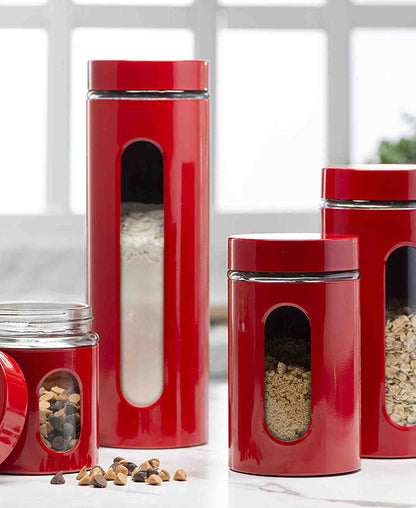 CH 4Pcs Canister Set With Window - Red