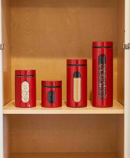 CH 4Pcs Canister Set With Window - Red