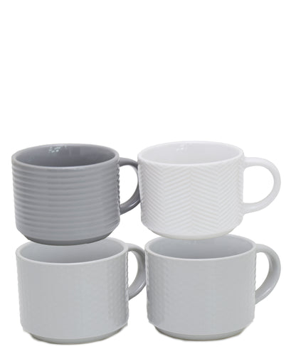 kitchen Life 4 Piece Mug Set - Embossed White and grey